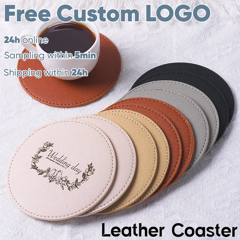 Personalisierte PU Leder Untersetzer (5er Set) – Wasserdicht, hitzebeständig & rutschfest, runde Getränkeunterlagen mit Logo für Zuhause & Bar
