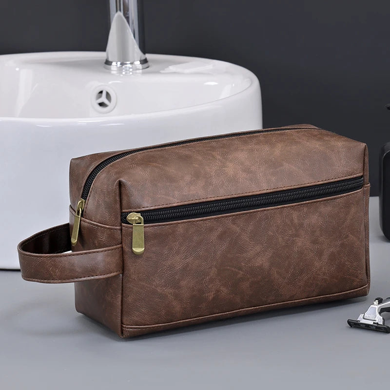 Herren Leder Kulturbeutel – Große Reise &amp; Business Kosmetiktasche, wasserfeste Waschtasche mit Griff