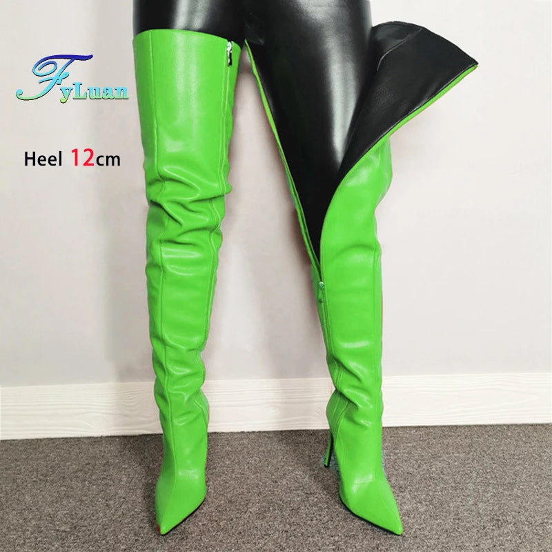Damen Overknee Stiefel mit seitlichem Reißverschluss – Spitze Thigh-High Boots aus Lederoptik mit 12 cm Stiletto & Plateau (bis Größe 47)