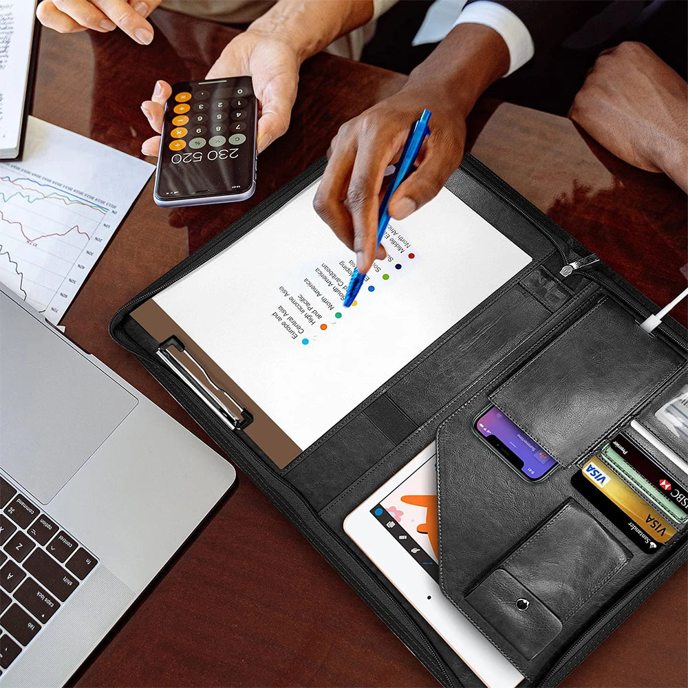 Multifunktionale A4 Konferenzmappe aus PU Leder – Business Dokumentenmappe mit Reißverschluss & Organizer