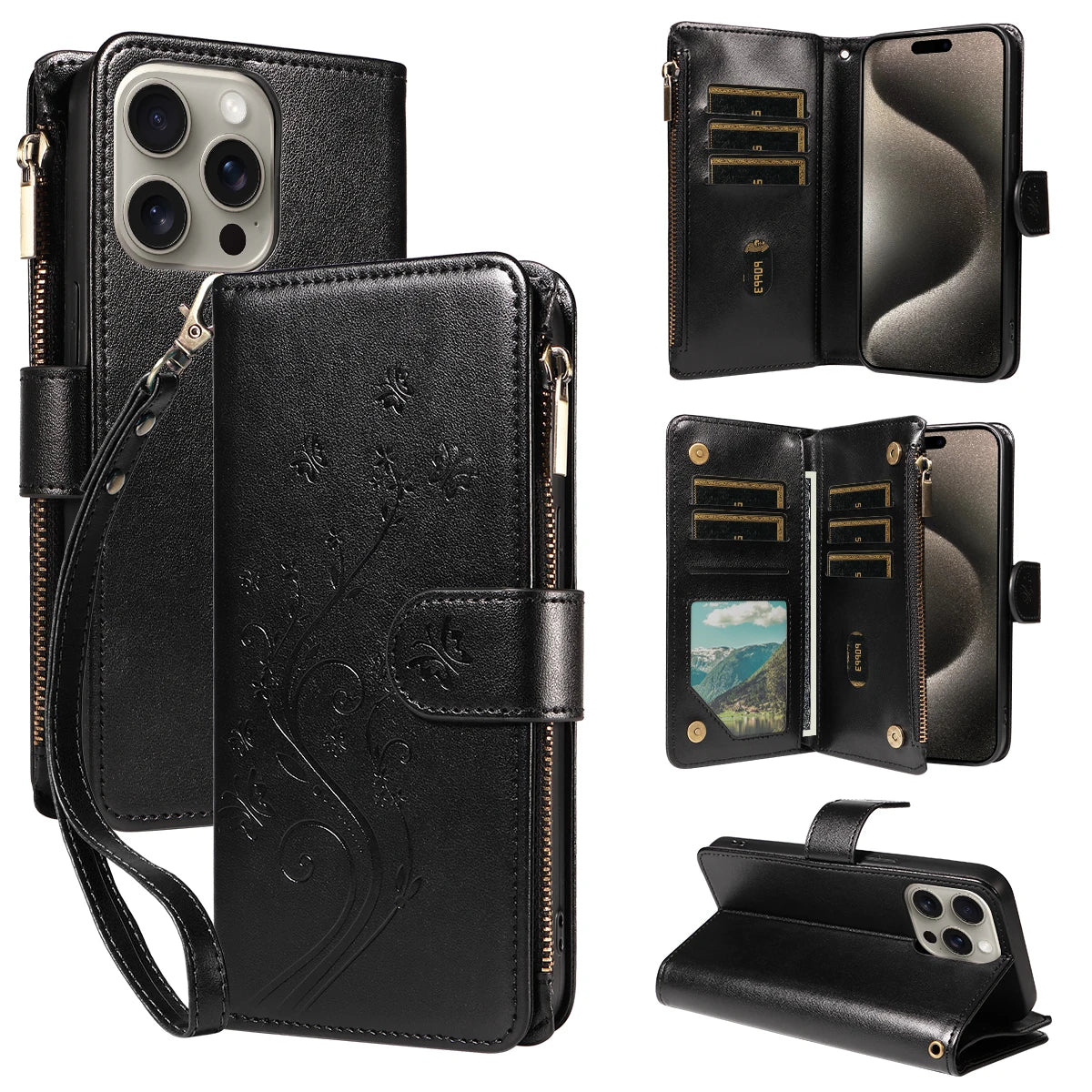 Multifunktionale Faux Leder Flip Wallet Hülle mit Reißverschluss für iPhone 11–16e – Kartenfach, Ständer & Rundumschutz