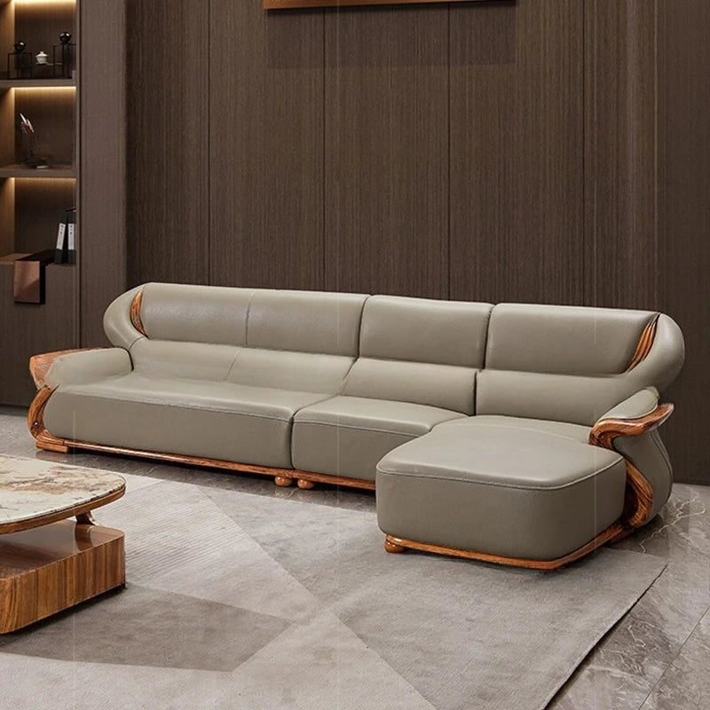 Luxuriöses Ecksofa aus Ebenholz &amp; Echtleder – Nouveau canapé en cuir de style chinois en forme de L, haut de gamme pour les femmes stilvolles