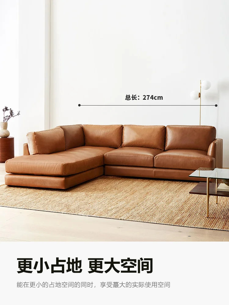 Amerikanisches Retro Ecksofa aus Echtleder – Antikbraunes L-Form Ledersofa aus Rindsleder mit Longchair, luxueux Wohnzimmer-Sofa