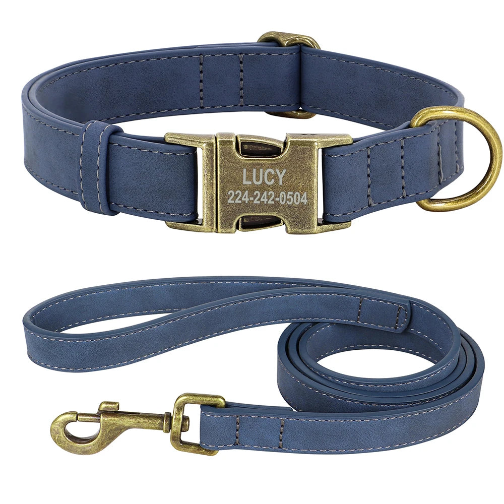 Personalisiertes Hunde-Halsband & Leinen-Set aus PU-Leder – Gepolstertes ID-Halsband mit gravierter Schnalle für kleine, mittlere & große Hunde