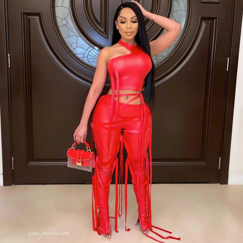 Y2K Damen Zweiteiler aus PU-Leder – Trendiges 2-teiliges Party & Club Outfit mit Crop Top und High-Waist Hose