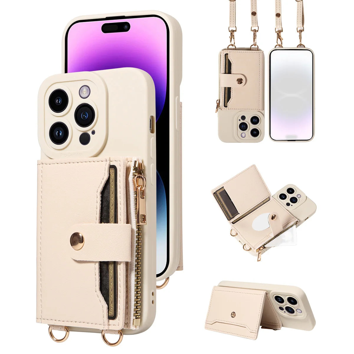 Faux Leder Crossbody Handyhülle für iPhone – Umhängetasche mit Spiegel, Kartenfach & Fallschutz