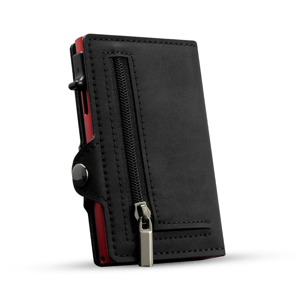 CASEKEY Smart Wallet Pink - Cartera de cuero minimalista y delgada con protección RFID, tarjeta emergente y correa de viaje