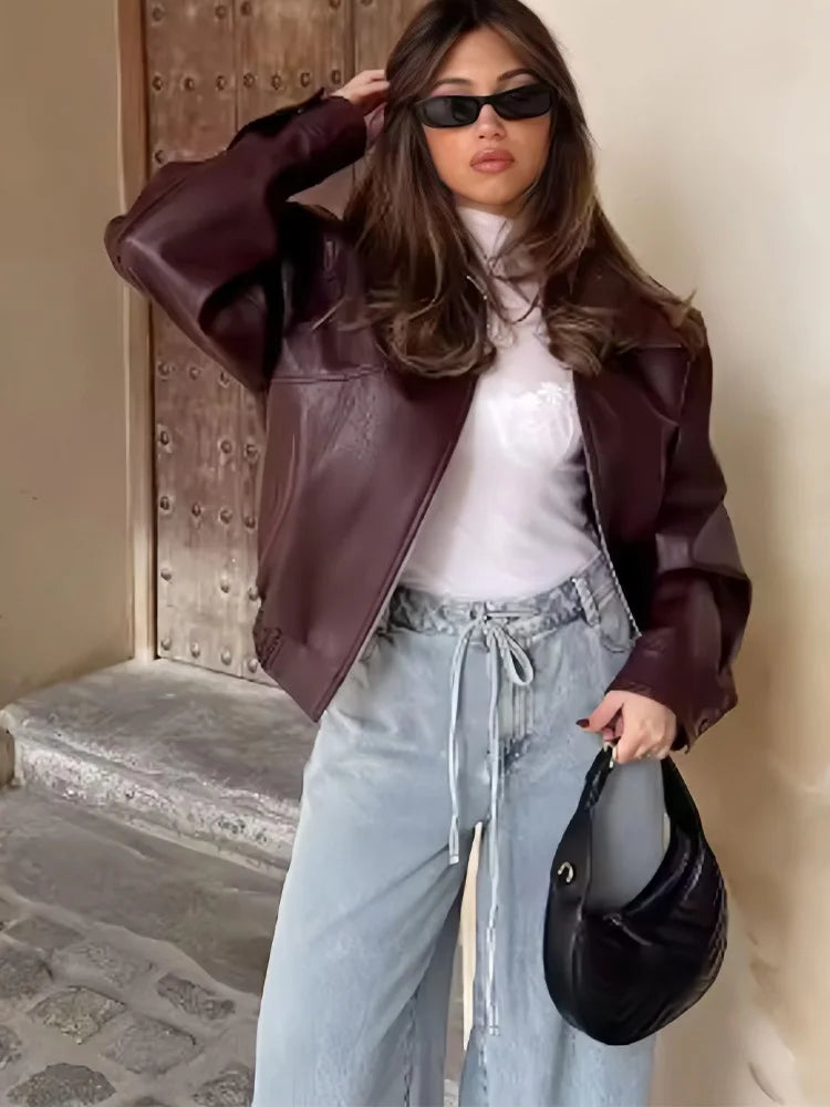 Damen Vintage Lederjacke Bordeaux Rot – Kurze Jacke im American Style mit Reißverschluss für Herbst & Winter 2024