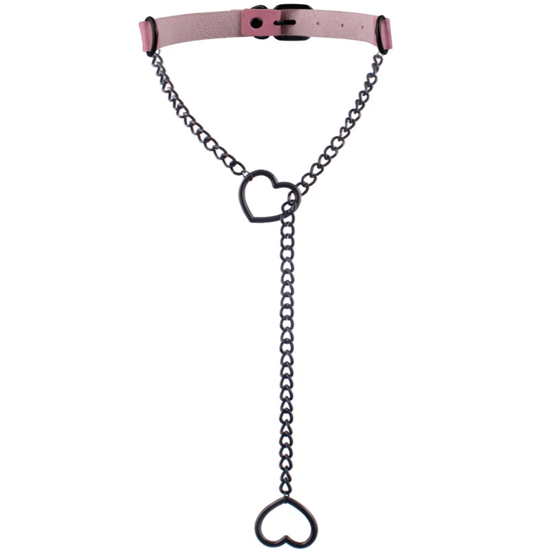 Schwarzer Leder Choker mit Herz & Kette – Punk Gothic Halsband für Damen, Goth Schmuckaccessoire