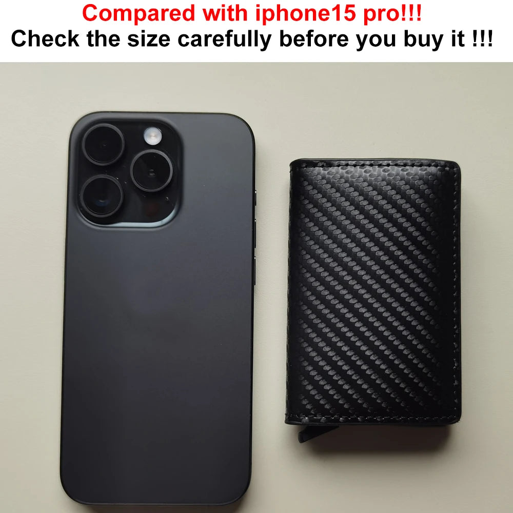 RFID Kartenetui aus Carbonfaser – Cartera delgada con mecanismo emergente, minimalista Kartenhalter aus PU-Leder para hombres y unisex 