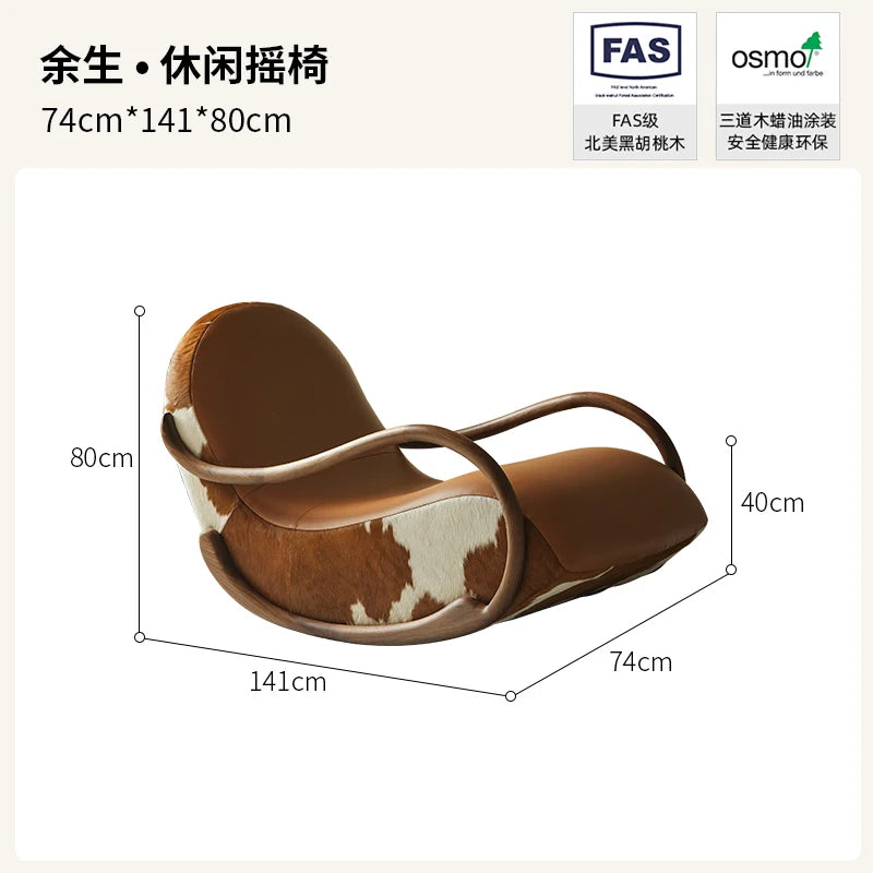 Minimalistischer Schaukelstuhl aus schwarzem Walnussholz mit Echtleder – Moderner Luxus-Relaxsessel für Wohnzimmer, Balkon & Schlafzimmer