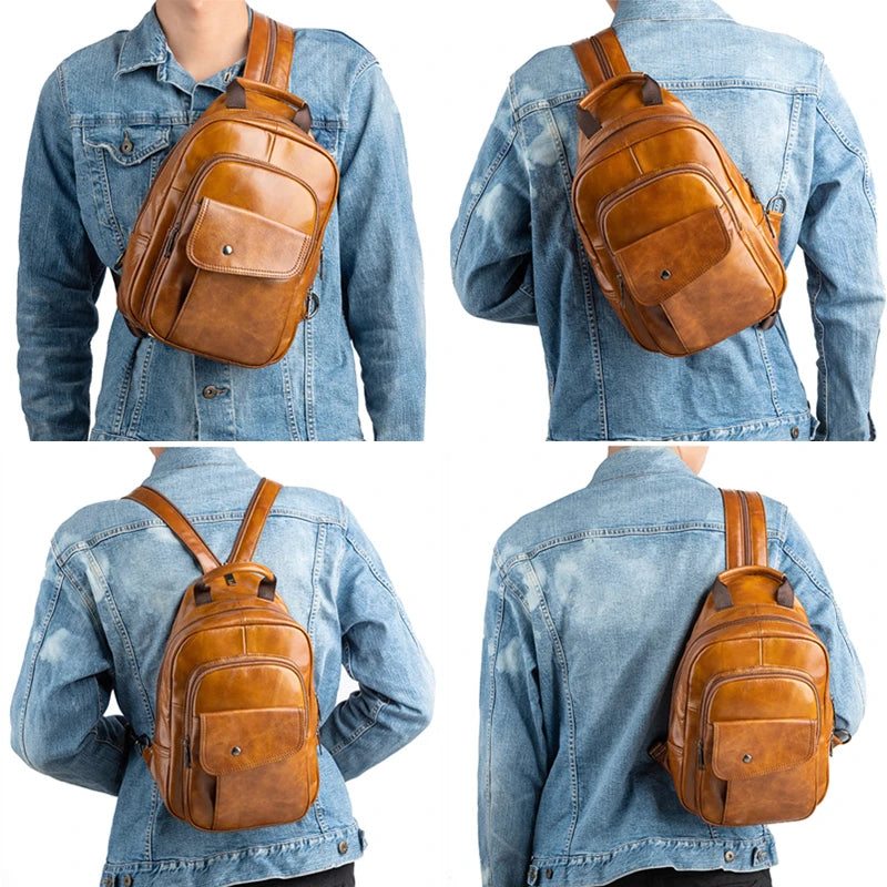 MOTAORA Retro Mini Leder Rucksack Unisex – Handgefertigter Echtleder Chest- &amp; Sling-Backpack im Vintage-Stil 