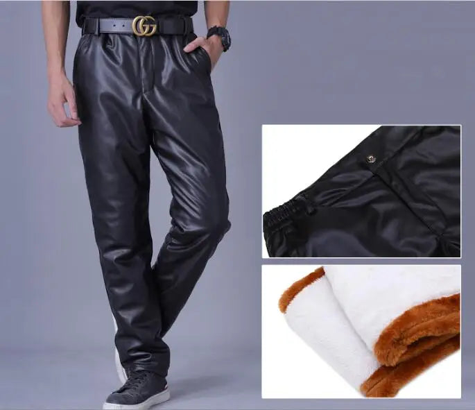 Herren High-Waist PU Lederhose – Stretch Biker Hose, winddichte & warme Winter-Lederhose im geraden Schnitt (Gr. 29–42)