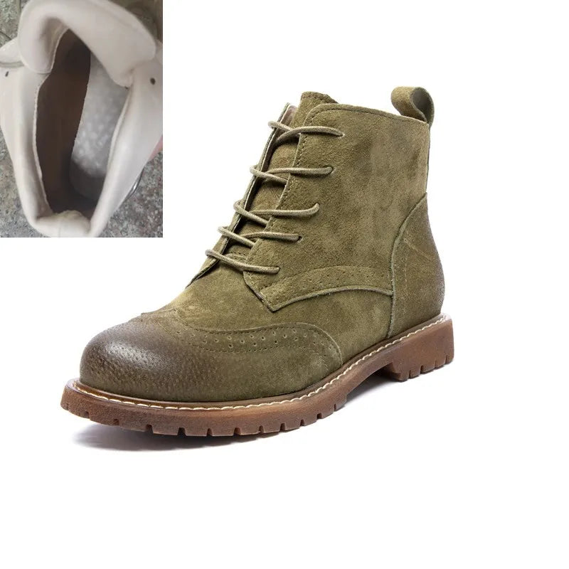 Damen Stiefeletten aus echtem Leder &amp; Wildleder – Britische Retro Ankle Boots mit Schnürung, Fellfutter &amp; niedrigem Blockabsatz (Herbst/Invierno 2025) 