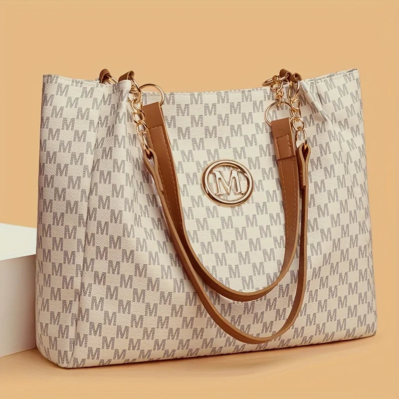 Vintage Geometrische Damen Tote Bag aus Kunstleder – Schultertasche mit Letter „M“ Design, große Shopping- & Reisetasche