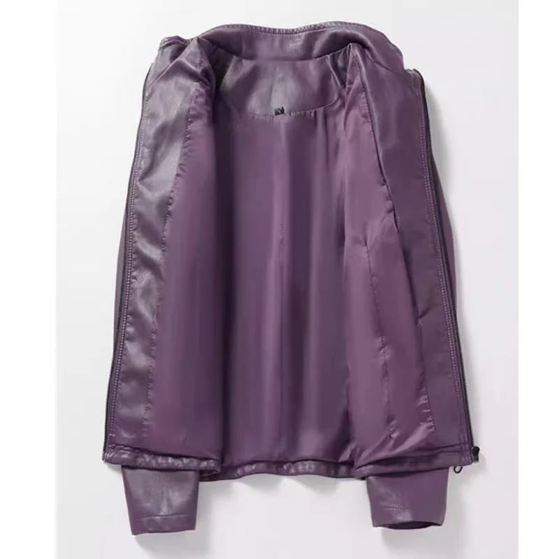 Damen Lederjacke im Korean Style – Große Größen bis 5XL, Casual Jacke mit Stehkragen & Reißverschluss für Frühling und Herbst