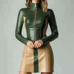 Elegantes Damen PU-Lederkleid im Colorblock-Design – Bodycon Mini Kleid mit Stehkragen, Reißverschluss & langen Ärmeln, figurbetontes Party- & Herbstkleid