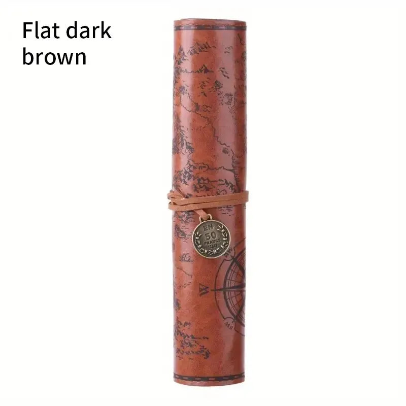 Retro Leder Rollmäppchen „Schatzkarte“ – Großes Stifteetui mit Prägung &amp; Schnallenverschluss