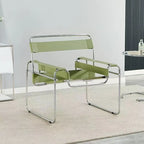 Nordischer Designer-Sessel aus Edelstahl &amp; Sattelleder – Bauhaus Akzentstuhl mit Armlehnen für Wohnzimmer &amp; moderne Wohnräume