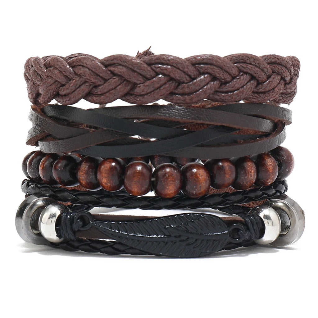 Vintage Lederarmband für Herren – Mehrfach geflochtenes Armband mit braunen Holzperlen, verstellbares Zugband im klassischen Stil