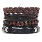 Vintage Lederarmband für Herren – Mehrfach geflochtenes Armband mit braunen Holzperlen, verstellbares Zugband im klassischen Stil