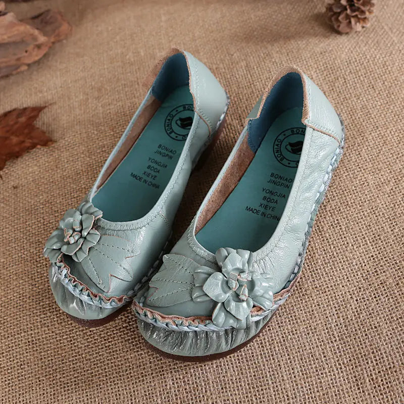feerldi Damen Vintage Leder Flats WB-56 – Handgefertigte Blumen-Moccasins, Slip-On Ballerinas für Alltag und Freizeit, Lila Loafers in Größe 42