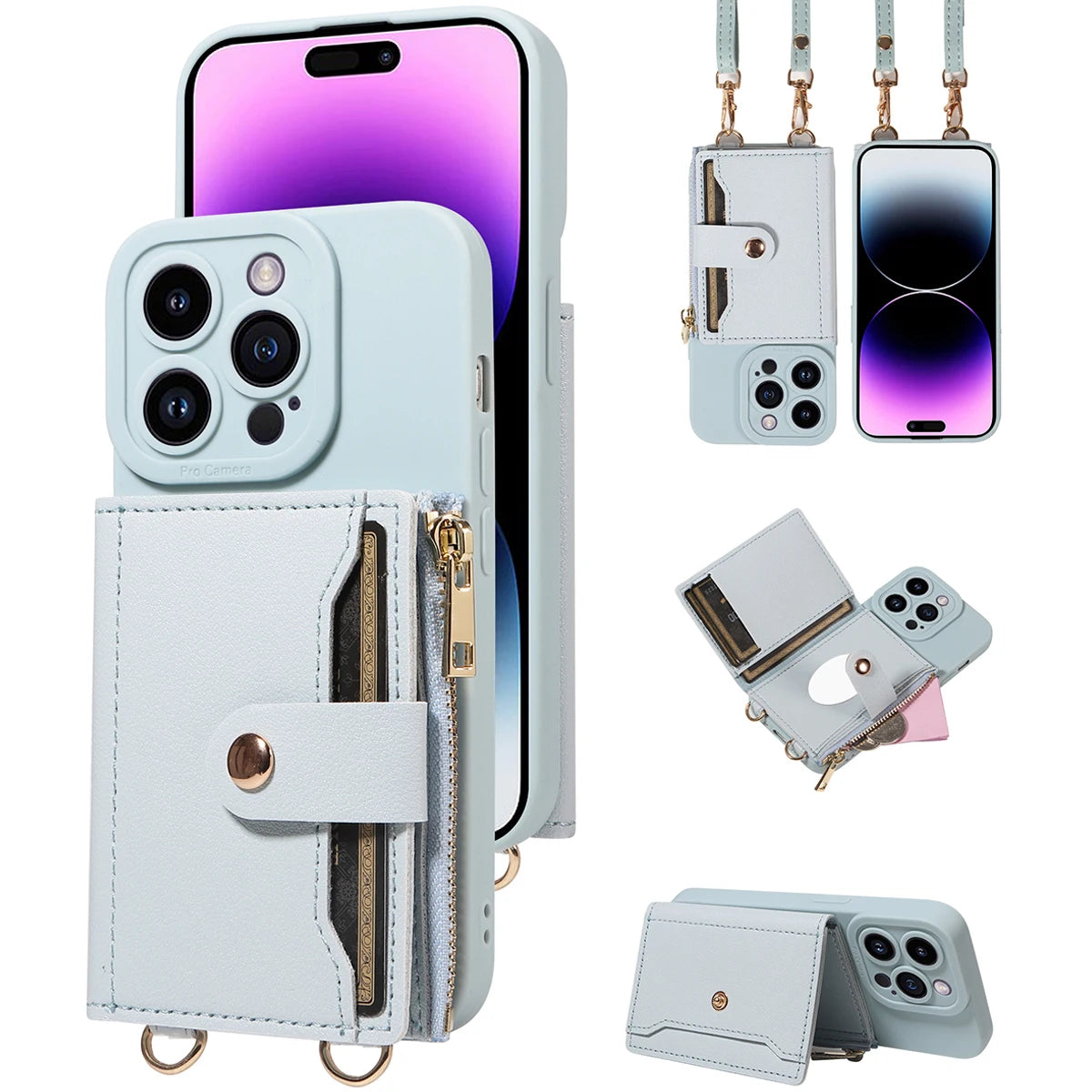 Faux Leder Crossbody Handyhülle für iPhone – Umhängetasche mit Spiegel, Kartenfach & Fallschutz