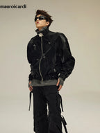 Mauroicardi Herren PU Lederjacke Schwarz – Veste de motard à manches longues et fermeture éclair dans le style streetwear de luxe Y2K