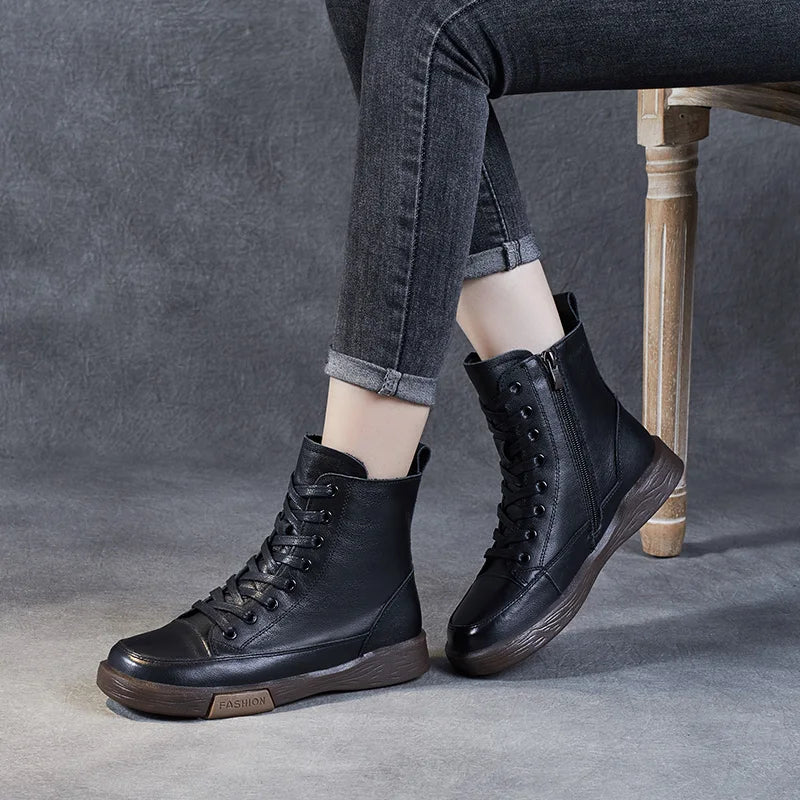Bottines pour femmes en cuir véritable – Stiefeletten d'hiver faites à la main avec bottes, bottes et chaussures dans un style rétro-street