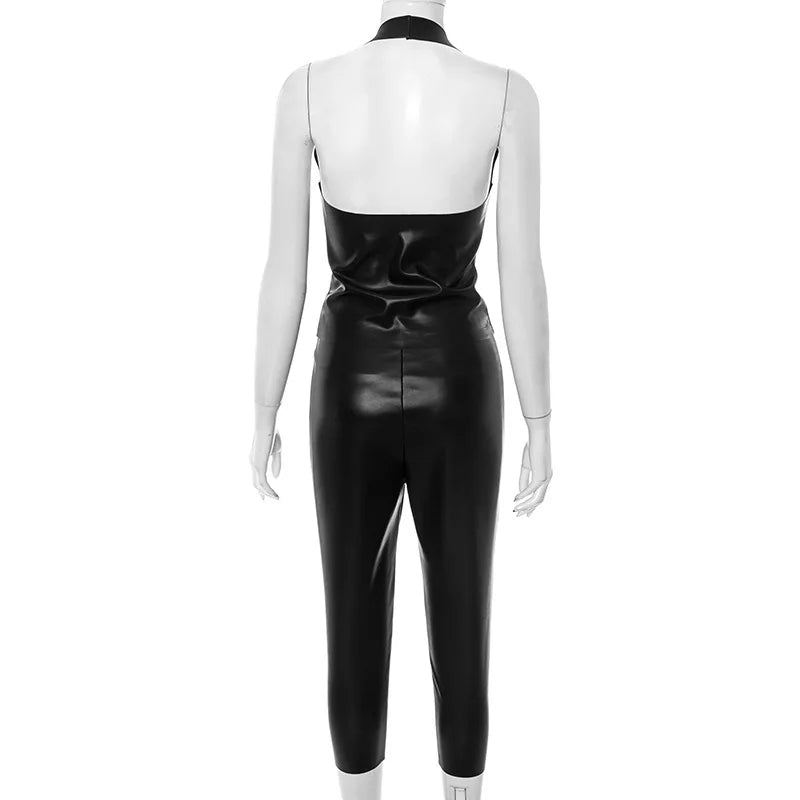 Damen PU-Leder Zweiteiler – Y2K Lederlook Set mit Halter-Top & High-Waist Caprihose, Figurbetontes Night- & Casual Outfit für Herbst/Winter 2025