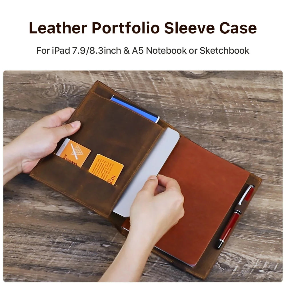 Vintage A5 Leder Portfolio aus Crazy Horse Leder – Notebook & iPad Mini Mappe für Büro, Schule & Reisen