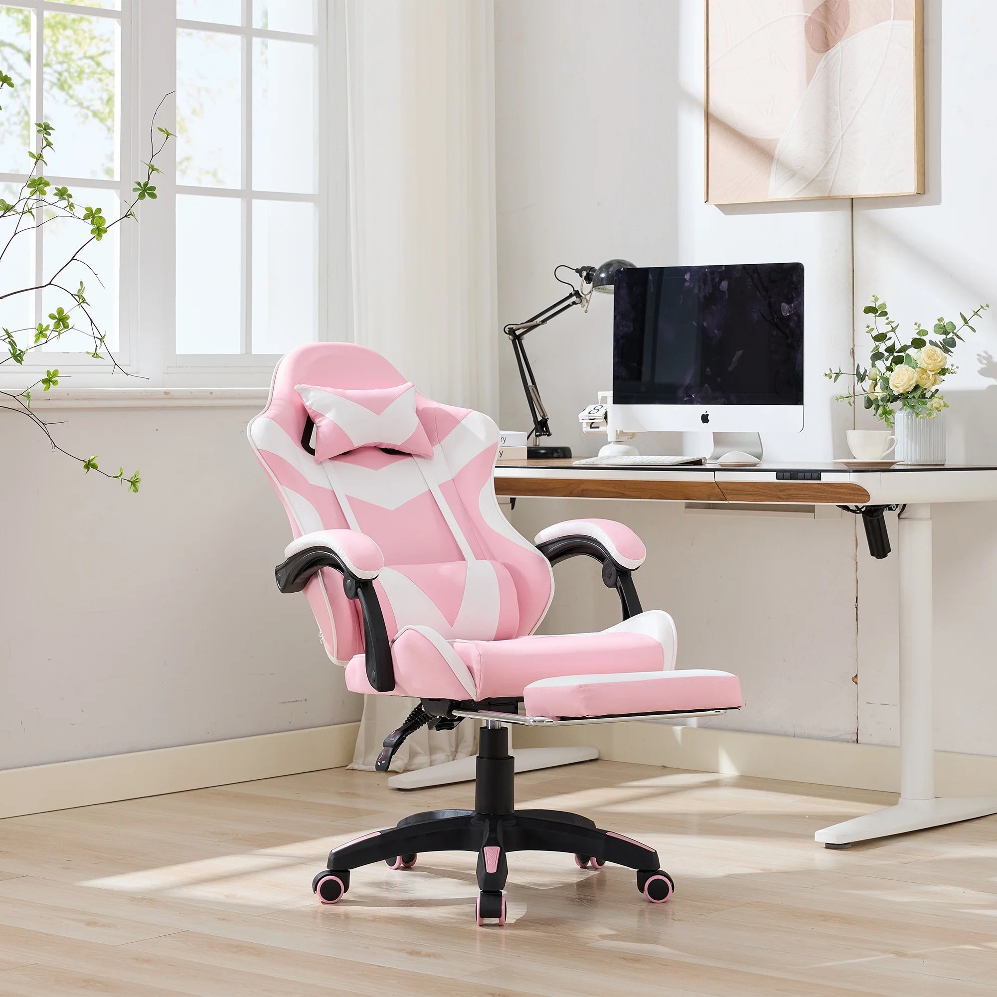 Ergonomischer Racing Gaming Chair in Pink – Höhenverstellbarer Leder-Drehstuhl mit High-Back Rückenlehne, Fußstütze & Massagefunktion