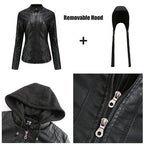 Damen PU Motorrad-Lederjacke mit Kapuze – Schwarze Biker Jacke aus Faux Leather, Herbst & Winter Mantel für Frauen XS–7XL