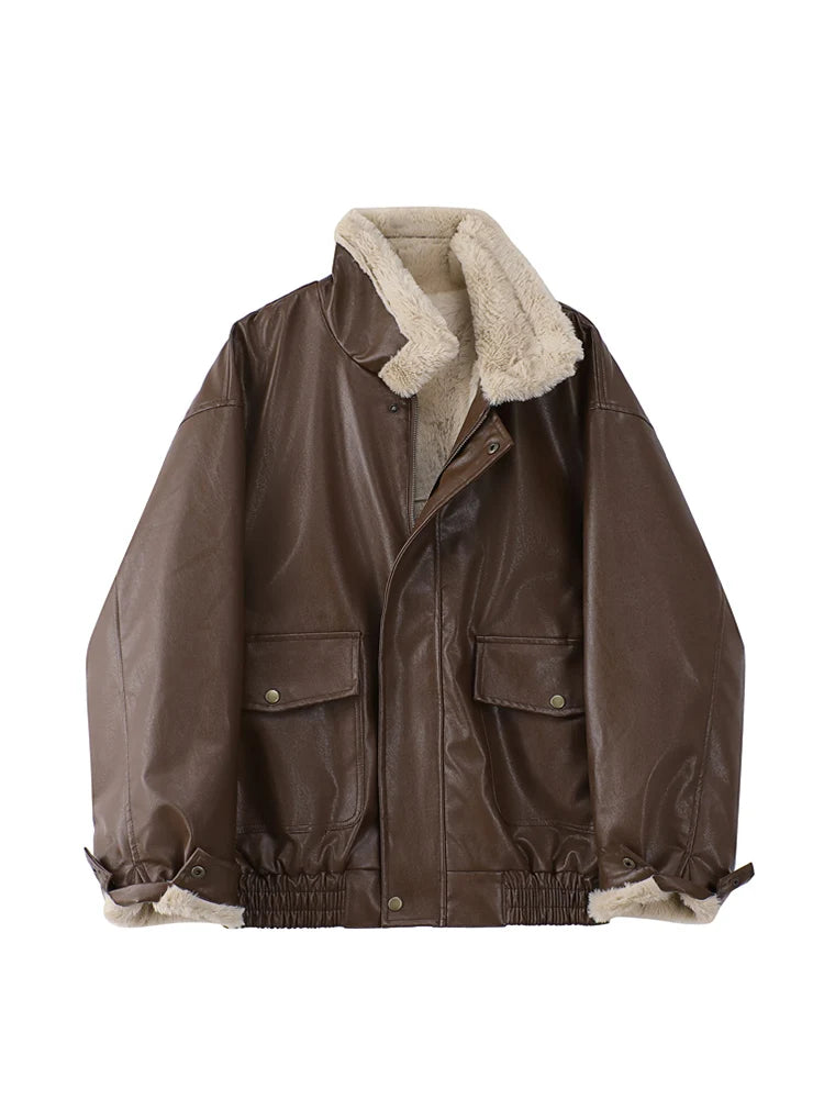 Veste d'hiver en cuir pour femme avec laine optique – Veste de moto chaude en PU avec revers, style motard vintage 