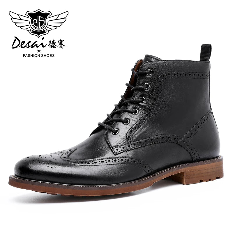 Desai Herren Brogue Lederstiefel – Fleecegefütterte Ankle Boots aus echtem Leder, modische Schnür- und Reißverschluss-Stiefel