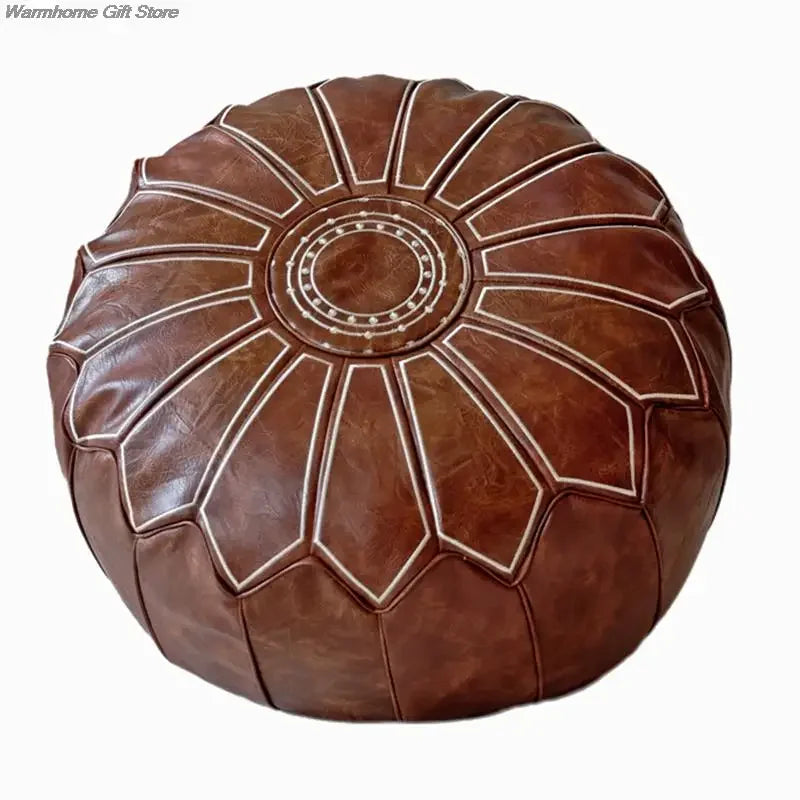 Marokkanischer PU Leder Pouf 58 cm – Handgefertigtes Meditationskissen & Ottoman mit Stickerei, rund, ungefüllt