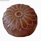 Marokkanischer PU Leder Pouf 58 cm – Handgefertigtes Meditationskissen & Ottoman mit Stickerei, rund, ungefüllt