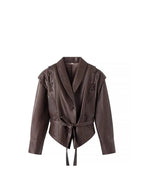 Damen Kurzjacke aus braunem PU-Leder im Retro-Vintage-Stil – Luxus Designer Jacke mit Schnürung & Gürtel für Frühling & Herbst