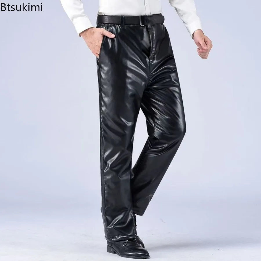 Herren PU Lederhose Herbst/Winter – Elastischer Bund, gerade Casual-Passform, winddichte & warme Motorrad-Kunstlederhose