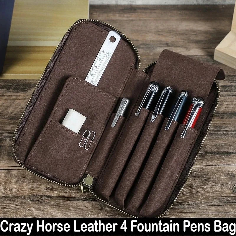 Vintage Crazy Horse Cuir Stifteetui – Handgefertigtes Echtleder Pen Case pour 4 Füllfederhalter | Sac à dos multifonction en cuir avec sac à dos 