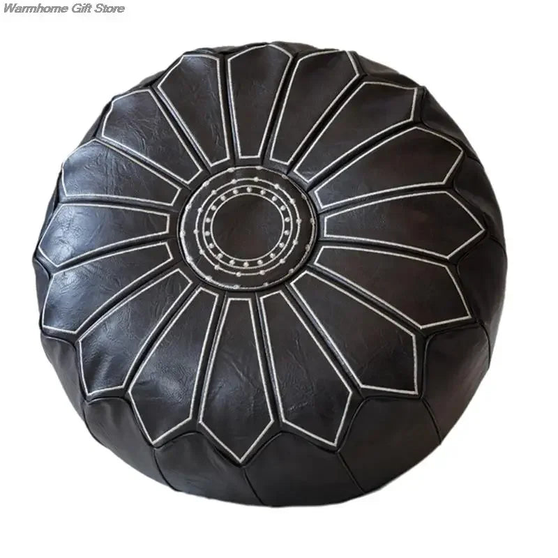Marokkanischer PU Leder Pouf 58 cm – Handgefertigtes Meditationskissen & Ottoman mit Stickerei, rund, ungefüllt