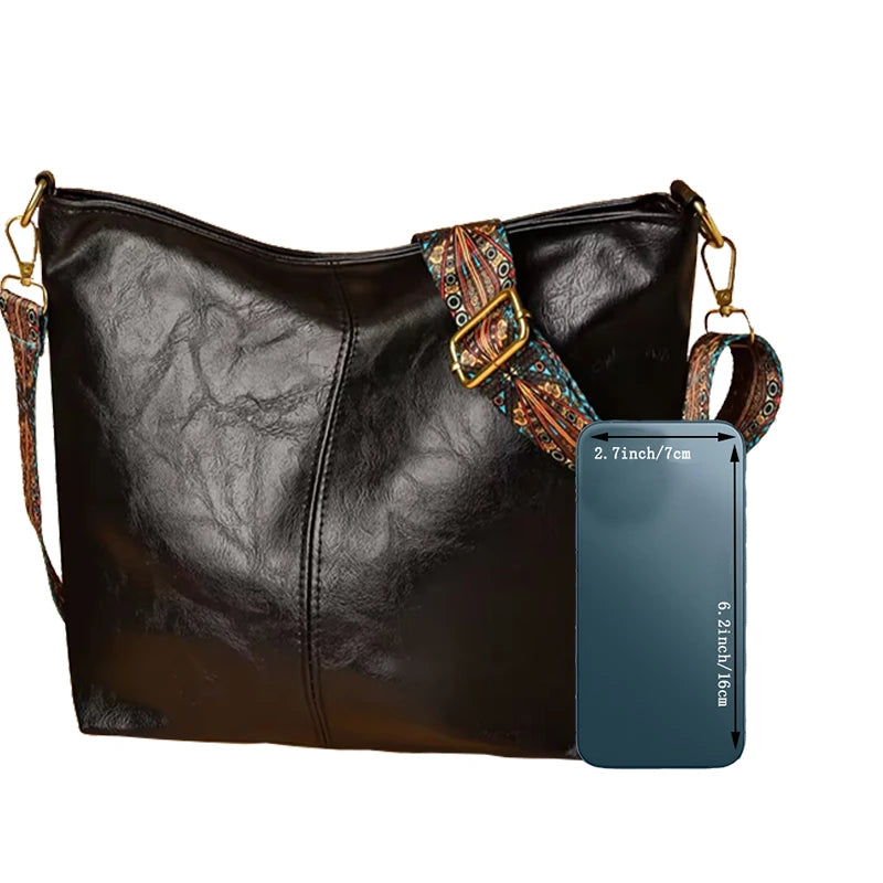 Unisex PU Tote Bag – Lässige Schultertasche mit Ethno-Riemen für Reisen & Fotografie