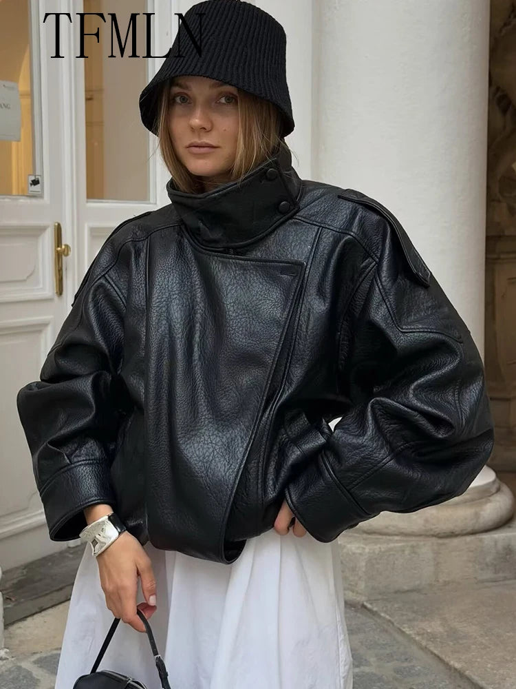 TFMLN Damen PU Lederjacke 2025 – Locker geschnittene Kunstlederjacke mit Stehkragen & Reißverschluss, modischer High-Street Mantel für Herbst & Winter