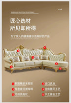 Europäisches Leder Ecksofa im französischen Stil – Massivholz Wohnzimmersofa in Champagner-Gold, L-Form Kombination