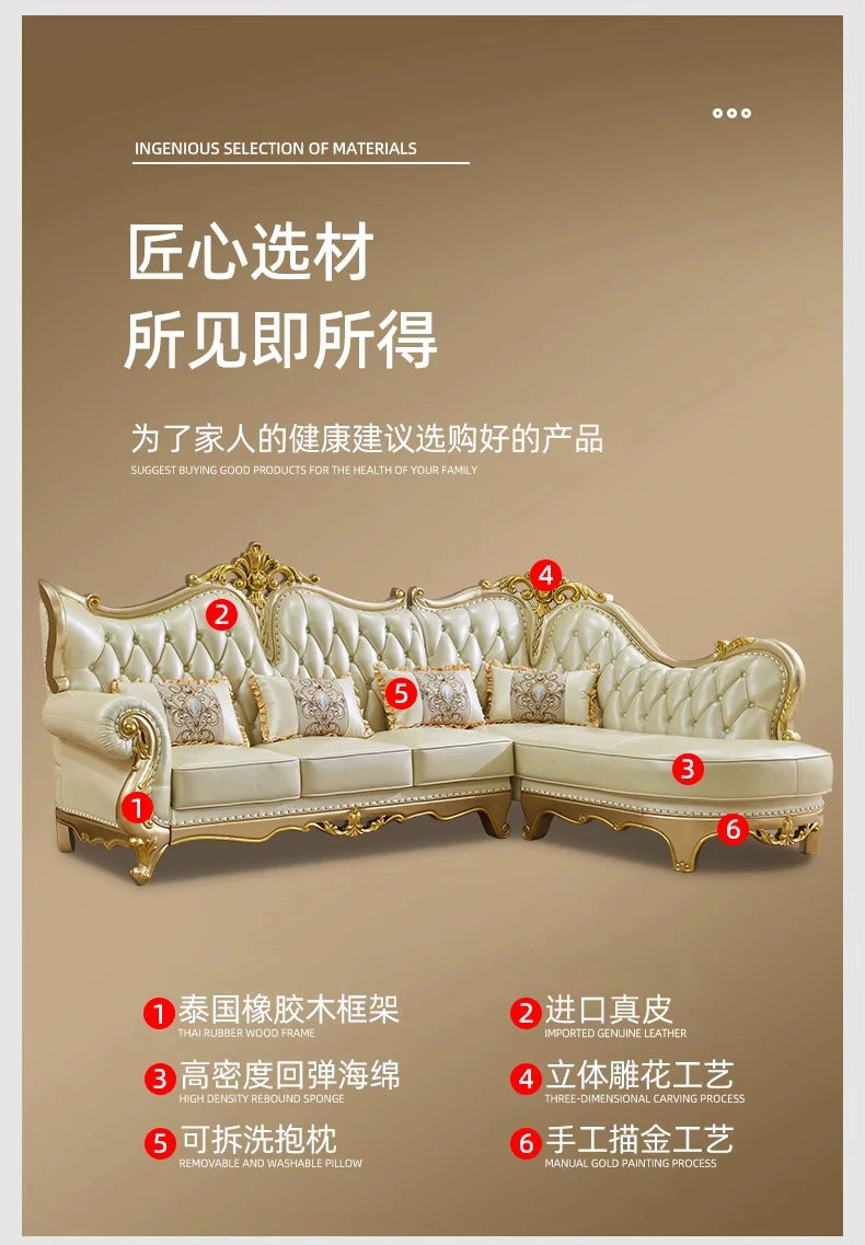 Europäisches Leder Ecksofa im französischen Stil – Massivholz Wohnzimmersofa in Champagner-Gold, L-Form Kombination