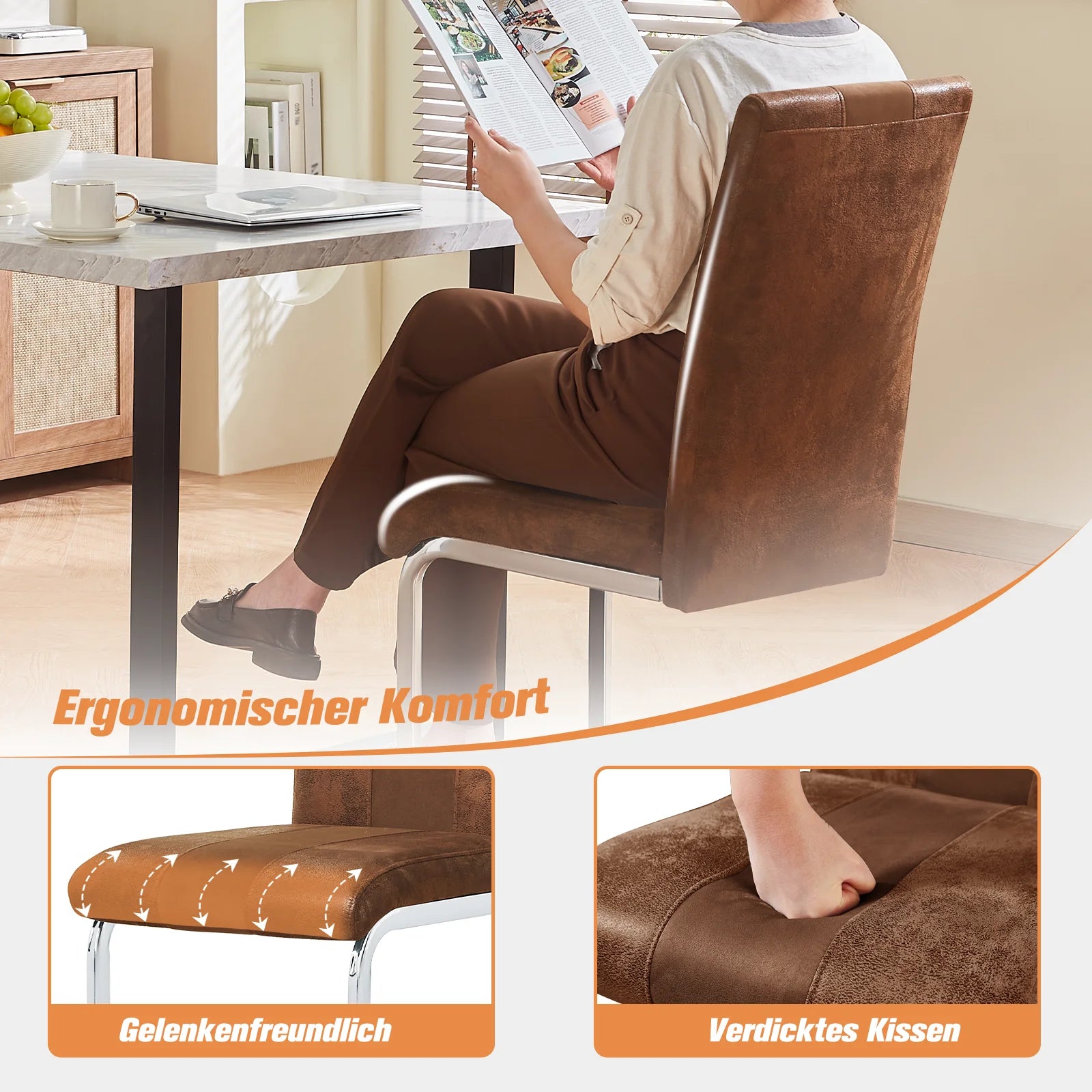 JYMTOM Set aus 4 Freischwinger-Esszimmerstühlen aus Kunstleder – Moderne Dining Chairs mit hoher Rückenlehne & verchromtem Metallrahmen