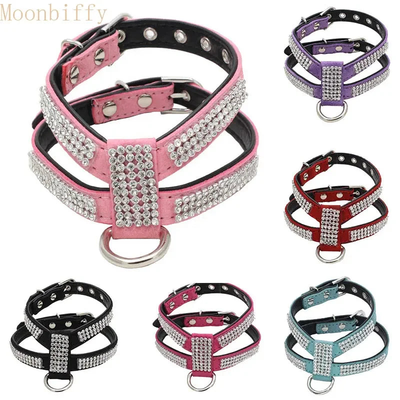 Verstellbares Hunde-Geschirr mit Strass – K-förmiges Bling Harness aus PU-Leder mit Schnellverschluss para pequeños perros y gatos 