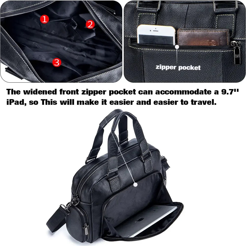 BULLCAPTAIN Herren Aktentasche aus echtem Rindsleder – Business & Freizeit Laptoptasche für 14 Zoll, elegante Schulter- & Messenger-Bag in Schwarz