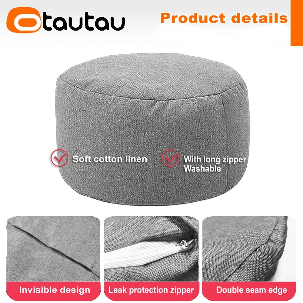OTAUTAU Runder Sitzpouf aus Baumwoll-Leinen (30 cm) – Bean Bag Ottoman mit Füllung, minimalistischer Fußhocker & Tatami Bodensitz
