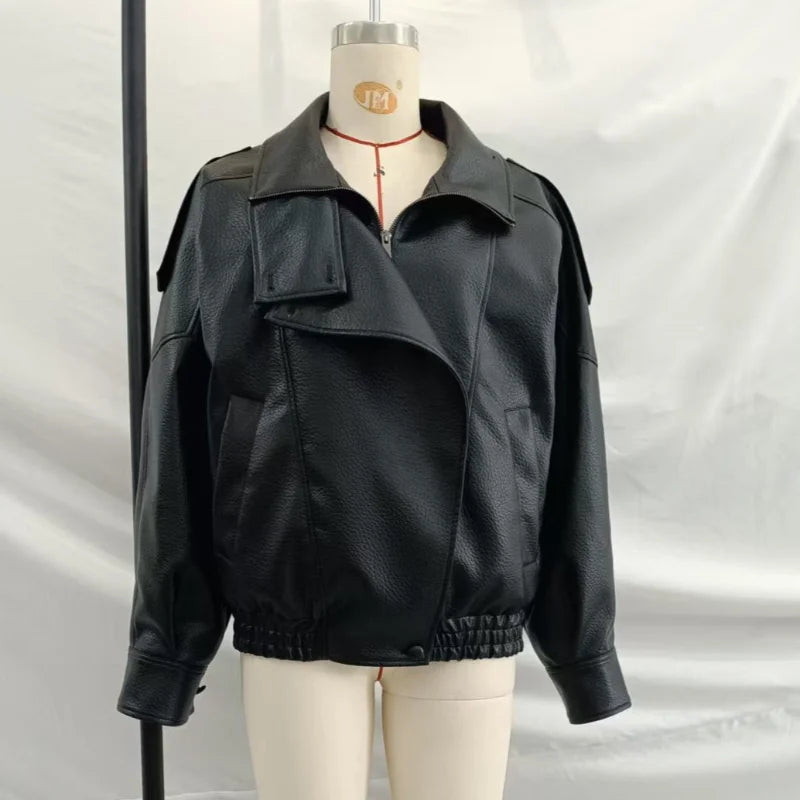 Damen PU Lederjacke mit Stehkragen – Chaqueta larga y holgada, ropa informal elegante para hierbas e invierno 